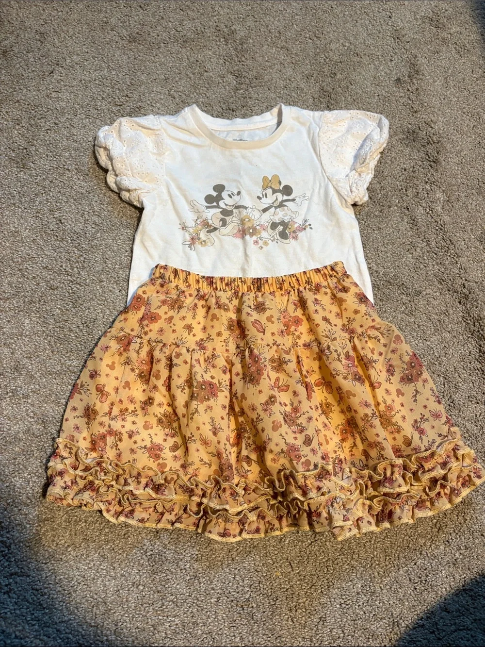 Disney Girls Cream Tee with Yellow Floral Skirt Matching Set